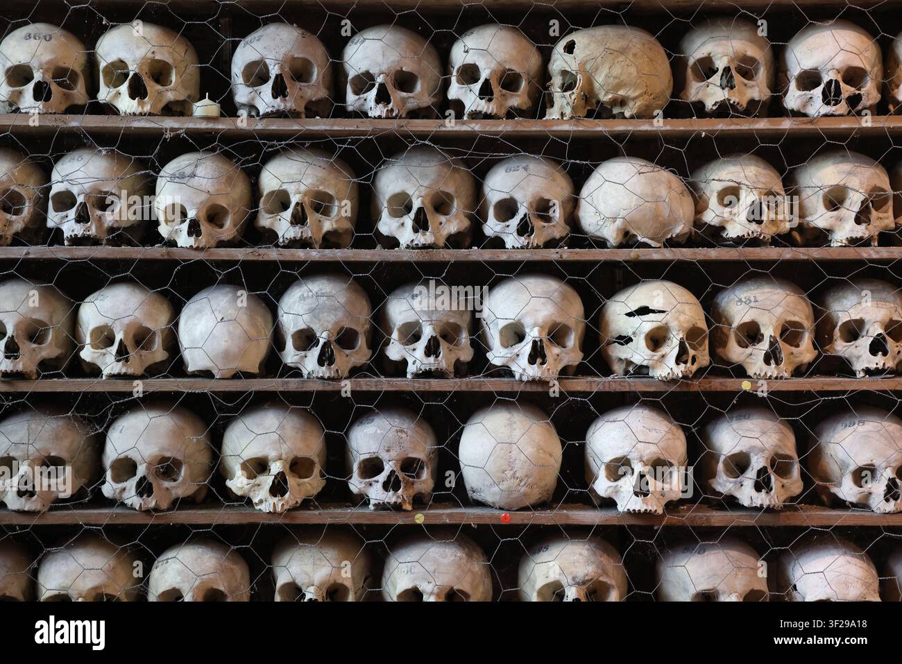 L'ossario nella chiesa di St Leonards, Hythe, Kent, una cripta con la più grande e meglio conservata collezione di antichi crani e ossa umani nel Regno Unito. Foto Stock
