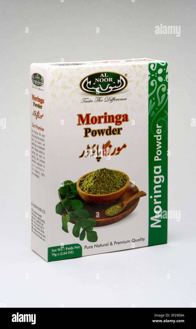 Scatola di polvere di Moringa Foto Stock