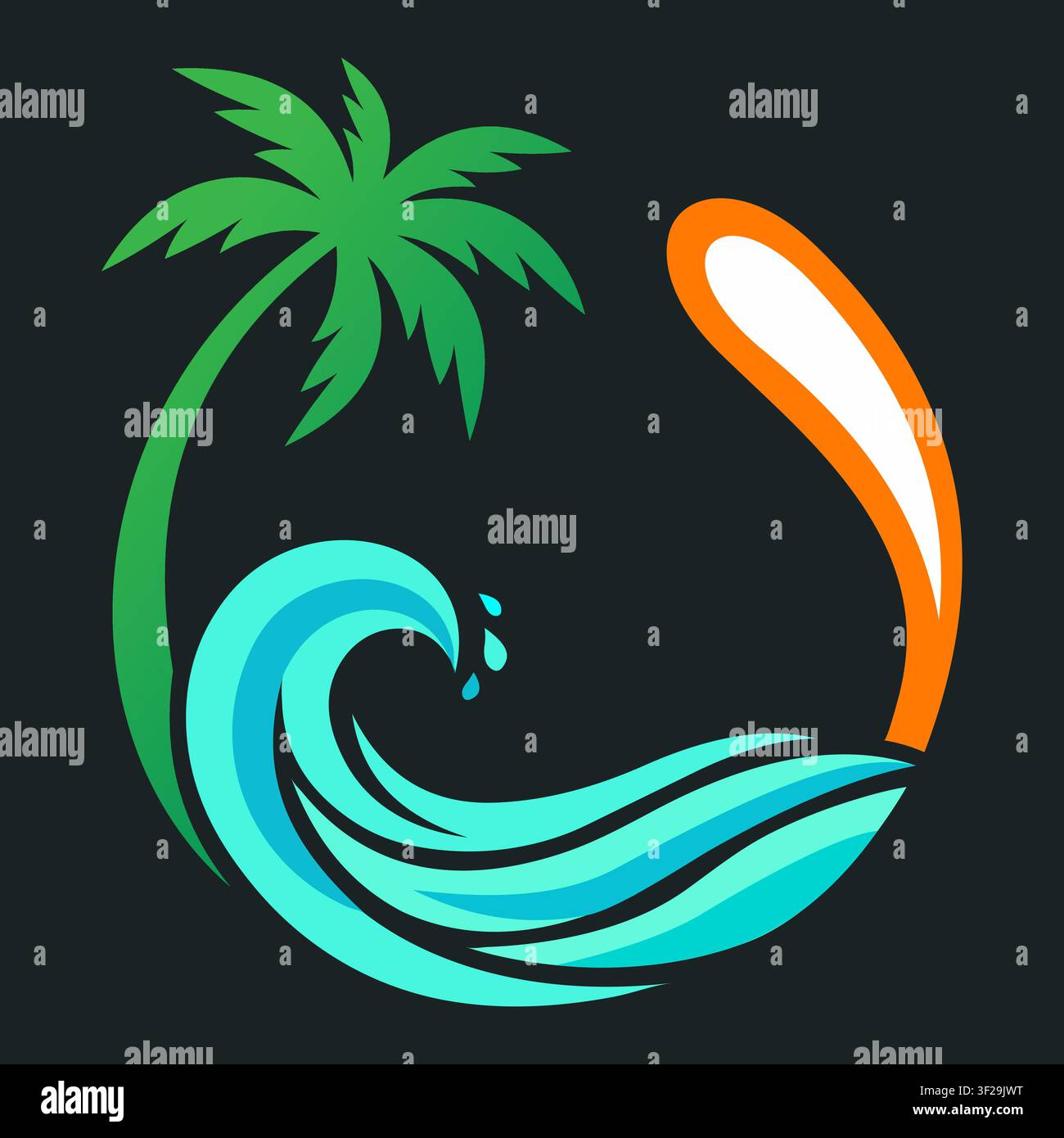 Design astratto di logo circolare con una palma, un'onda oceanica e un elemento sole Illustrazione Vettoriale