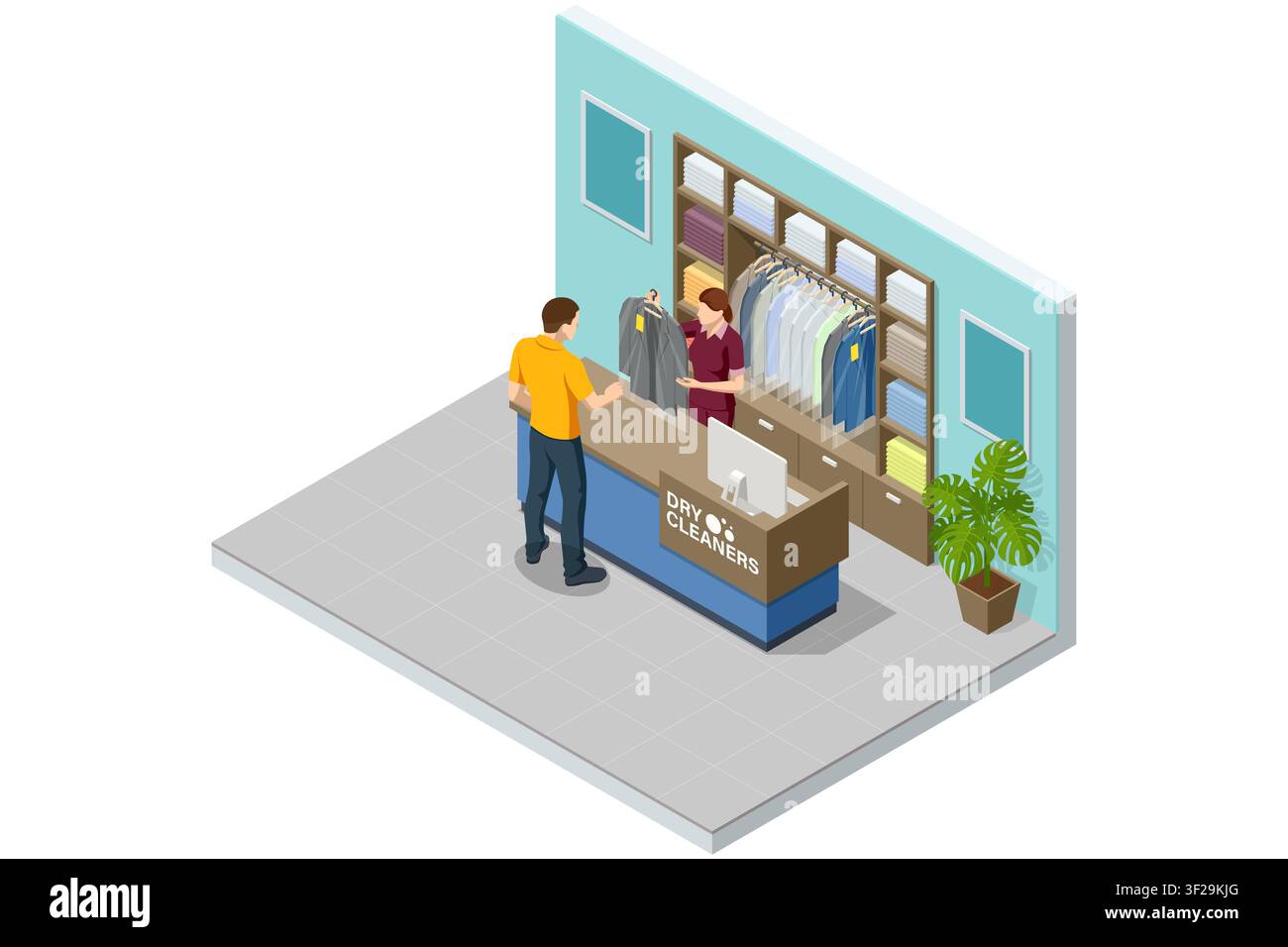 Interno isometrico di un negozio di lavanderia con cliente e addetto, biancheria piegata, vestiti appesi e banco di ricezione. Servizio professionale di cura degli indumenti Illustrazione Vettoriale