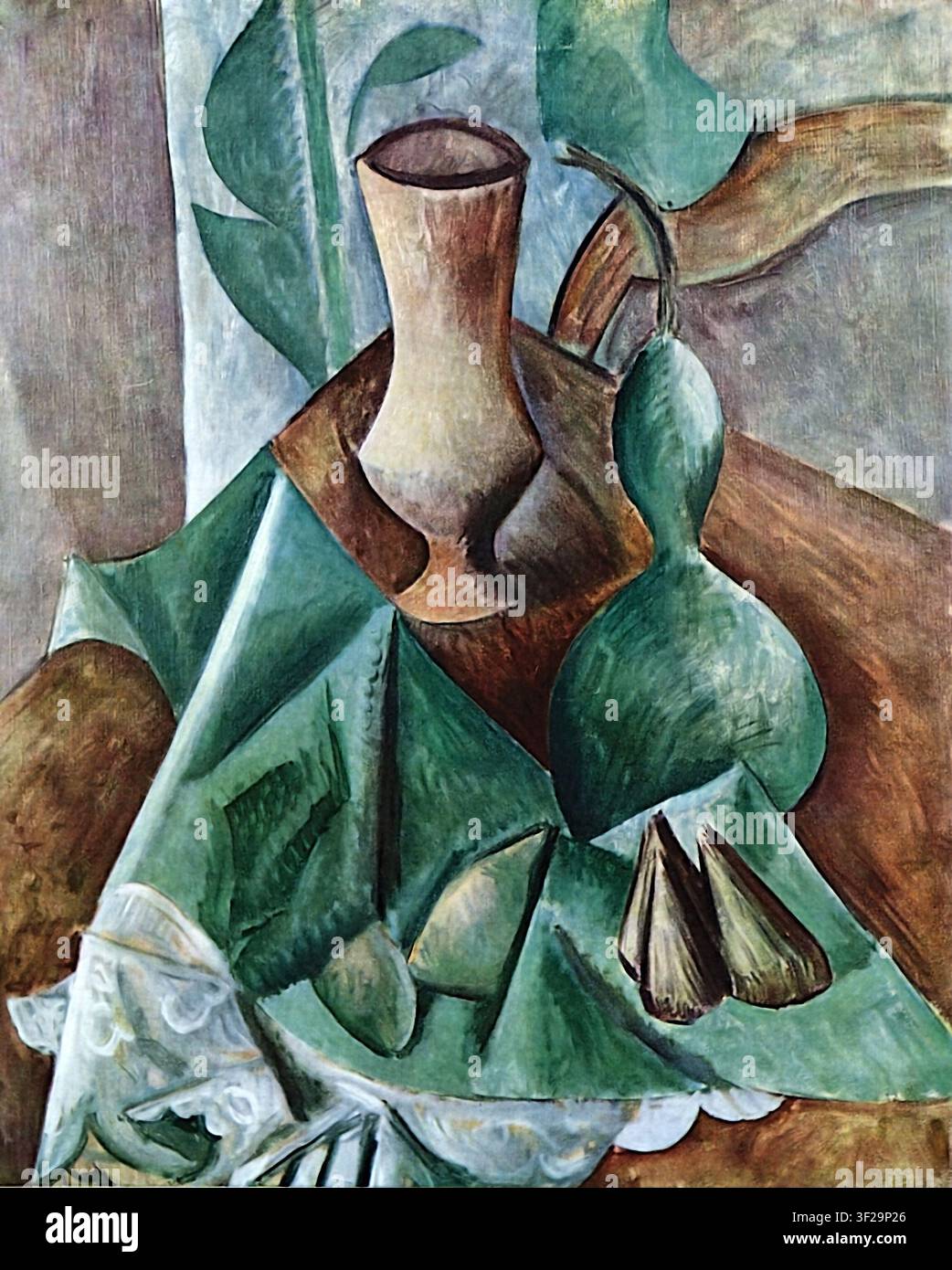 Pablo Picasso, natura morta con zucca 1909; Natura morta con zucca; disposizione di oggetti di uso quotidiano sul tavolo; vaso di ceramica con una linea fluida Foto Stock