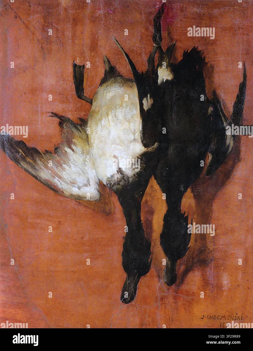 Józef Chełmoński; Wiszące kaczki 1879; Anatre appese; due anatre selvatiche cacciate appese a testa in giù contro un muro rosso Foto Stock