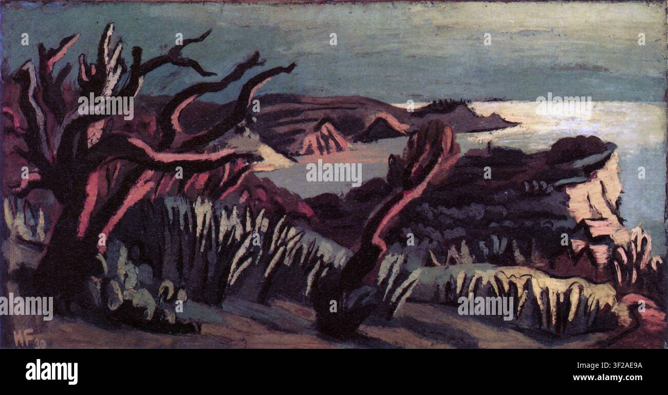 Hans Feibusch, Paesaggio istriano al tramonto 1930; la giustapposizione di tronchi d'albero scuri con la costa mediterranea delicatamente delineata dal sole Foto Stock