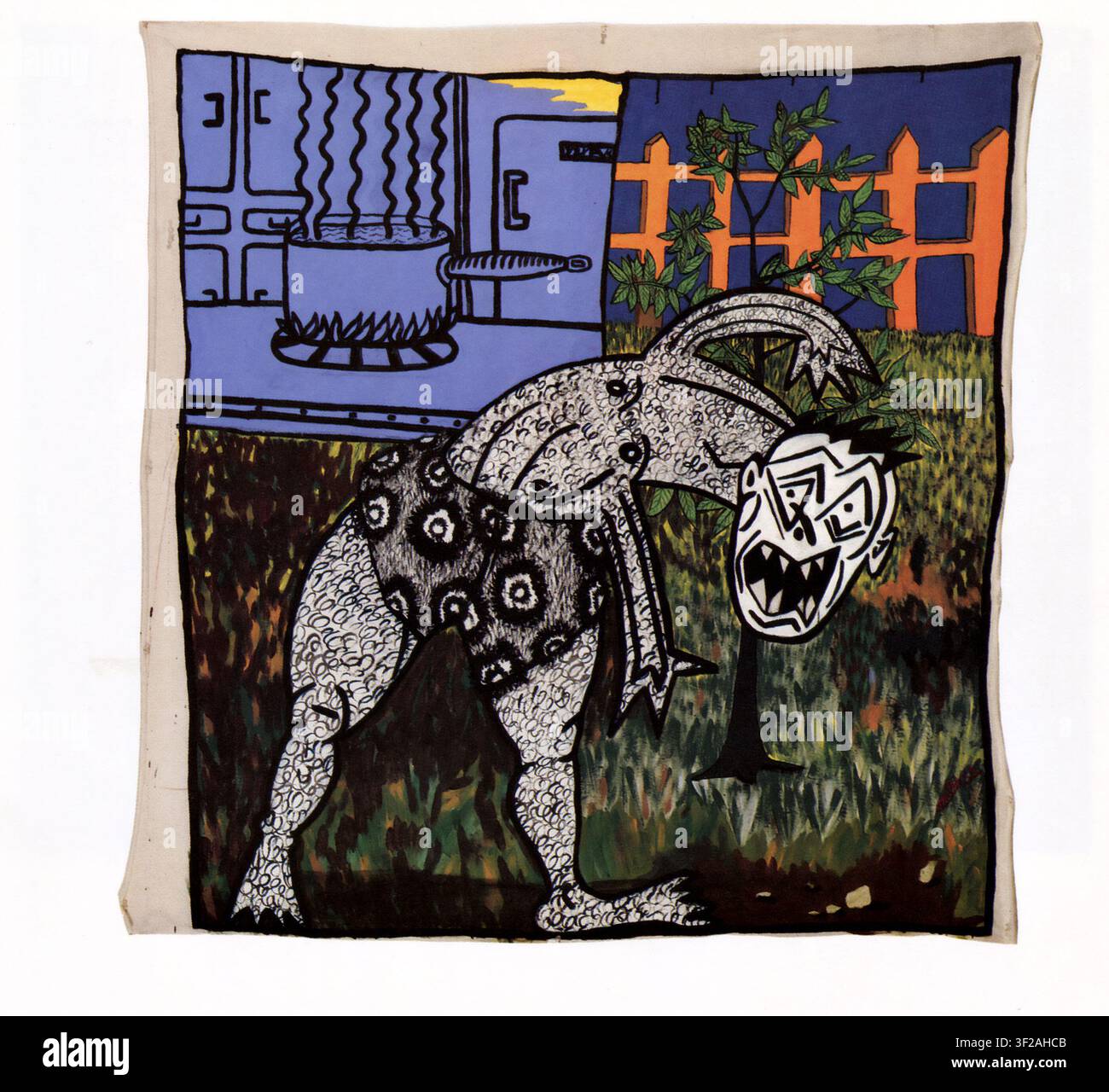 Robert Combas, La crise bouillie, 1982; pittura, acrilico su tela; una figura deformata di un uomo sullo sfondo della cucina e del giardino Foto Stock