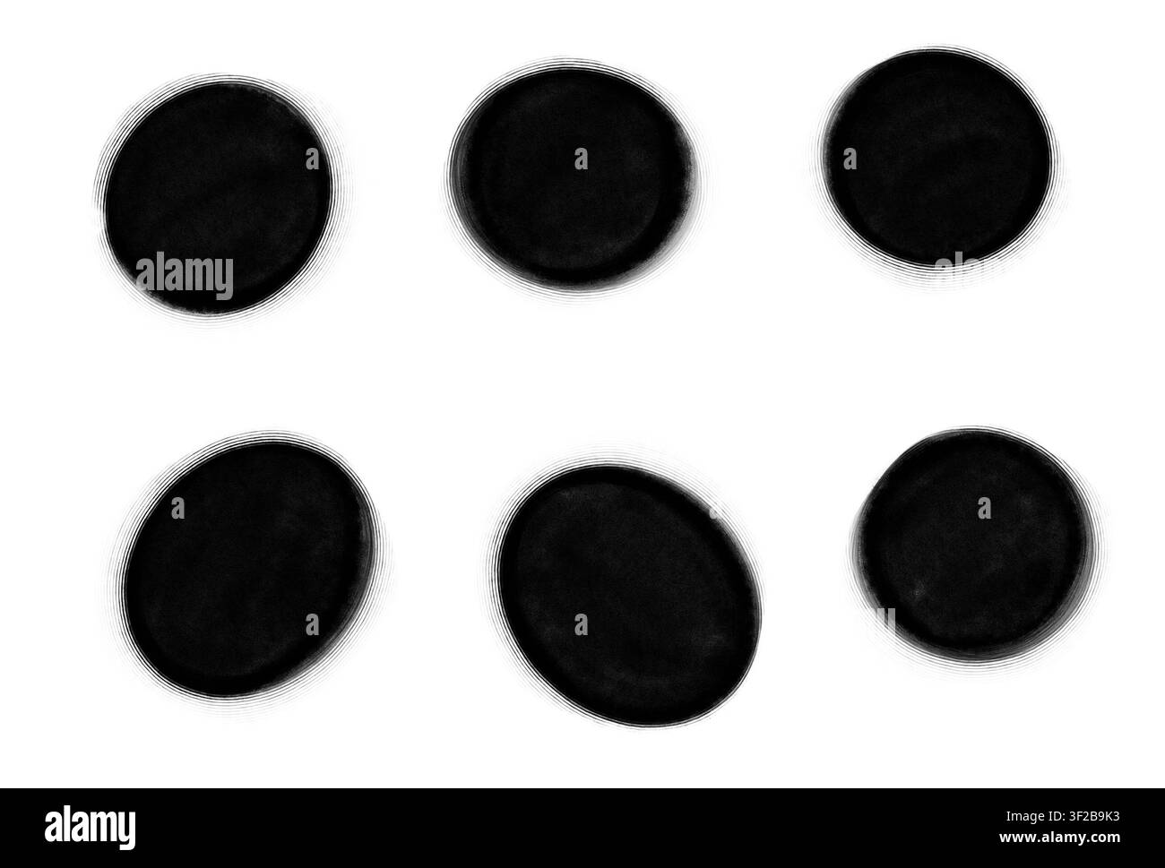 Collezione di timbri a cerchio con inchiostro nero solido e bordi strutturati Foto Stock