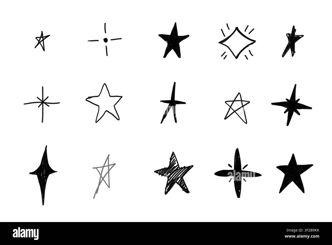 Collezione di stelle nere e elementi scintillanti disegnati a mano Foto Stock