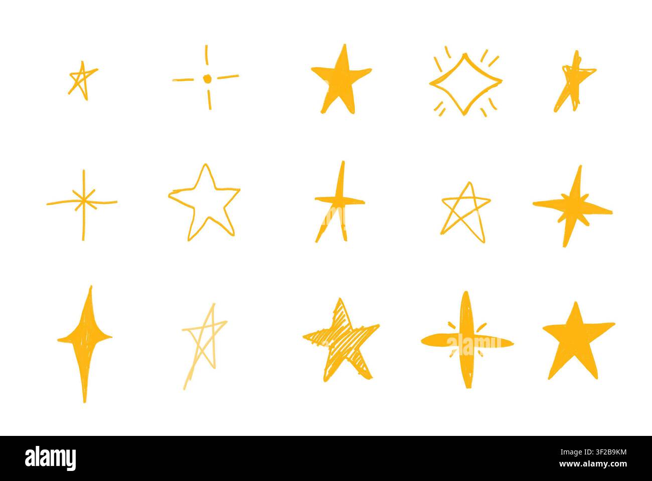 Collezione di elementi di stelle gialle e scintilli disegnati a mano Foto Stock