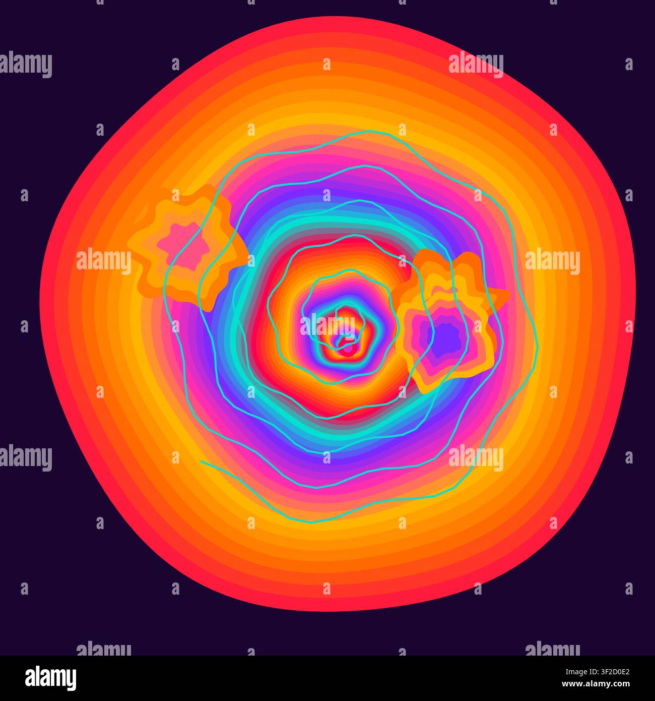 Questo design presenta un audace vortice psichedelico di cerchi concentrici in bande arcobaleno luminose e brillanti che sembrano sciogliersi in forme liquide. Il movimento Illustrazione Vettoriale
