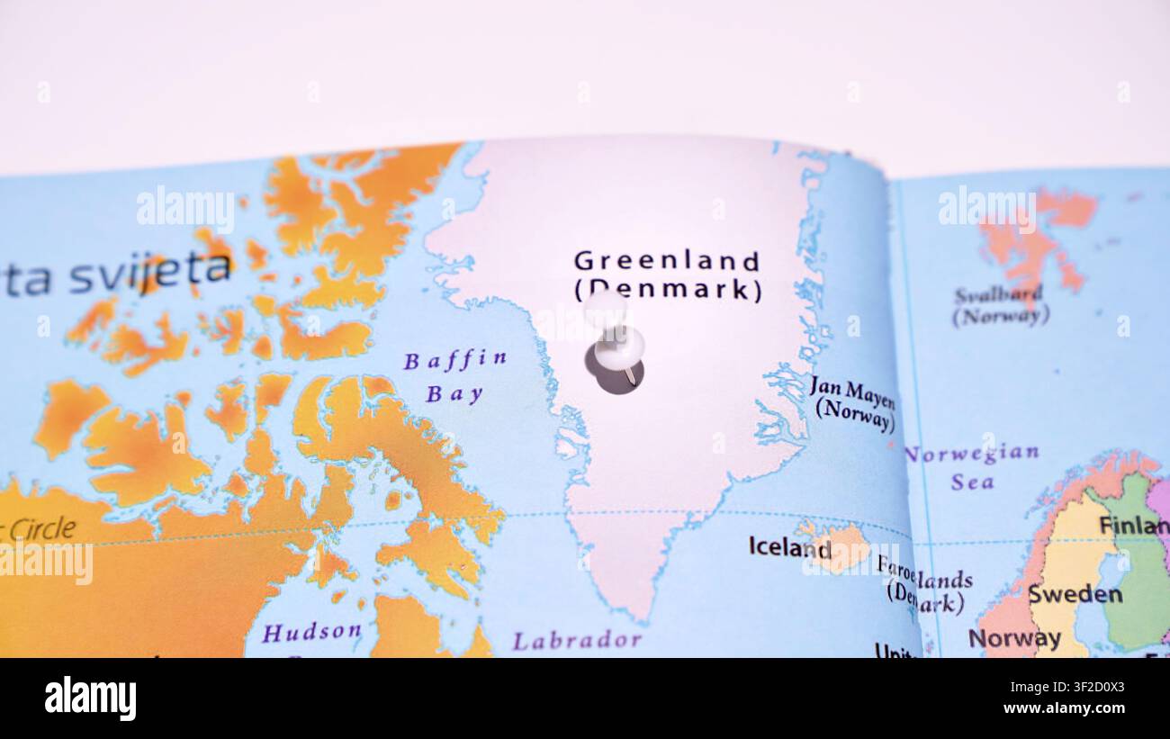 Il Groenlandia sulla mappa. La terra danese europea Groenlandia sulla mappa Foto Stock