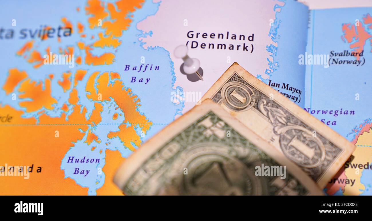 Il Groenlandia sulla mappa. La terra danese europea Groenlandia sulla mappa Foto Stock