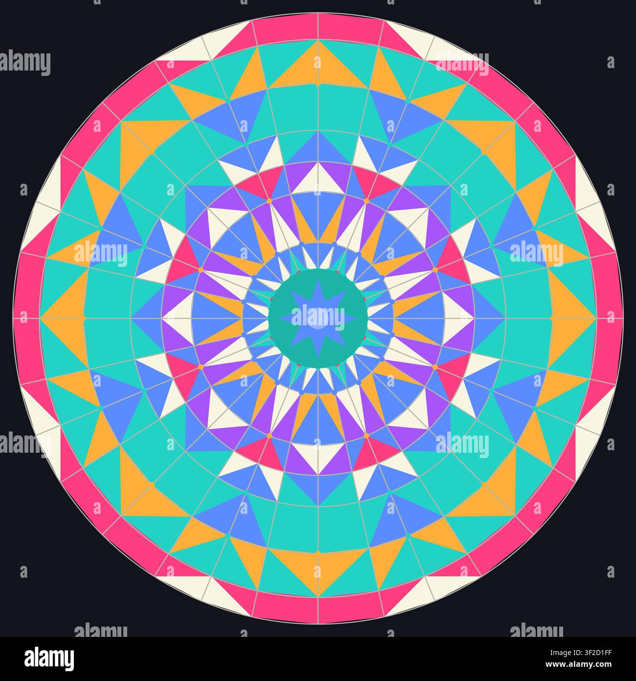 Questo design presenta un motivo geometrico rotondo e colorato con forme triangolari e colori vivaci. Crea un effetto caleidoscopio adatto per vari Illustrazione Vettoriale