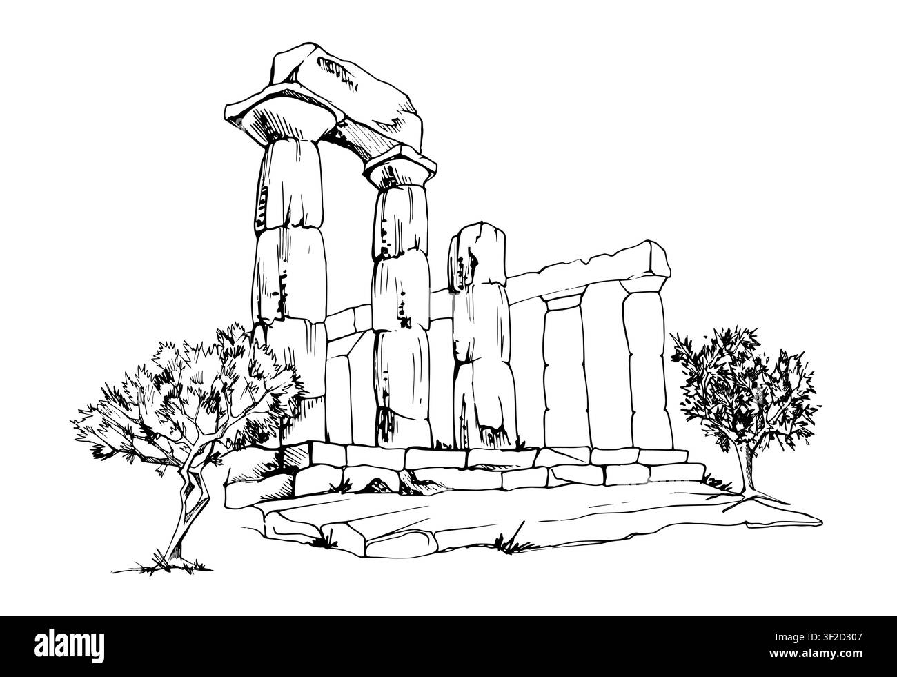 Resti di colonnato greco-romano, alberi di ulivo maturi. Illustrazione disegnata a mano a matita. Pubblicazioni archeologiche, campagne turistiche Illustrazione Vettoriale