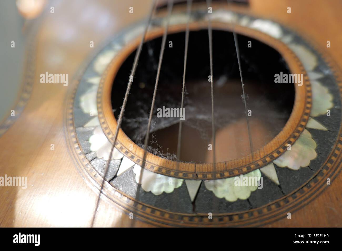 Foro sonoro di una vecchia chitarra acustica con rosetta decorativa, corde e ragnatele, che simboleggiano musica e storia dimenticate. Bulgaria, Varna 14 luglio 2026 Foto Stock