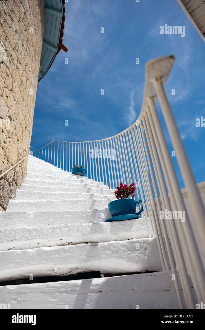 Una vista panoramica di scale bianche che si snodano verso l'alto contro un cielo blu vivace. I gradini sono adornati con vasi blu di fiori in fiore, enfatizzando un'atmosfera mediterranea Foto Stock