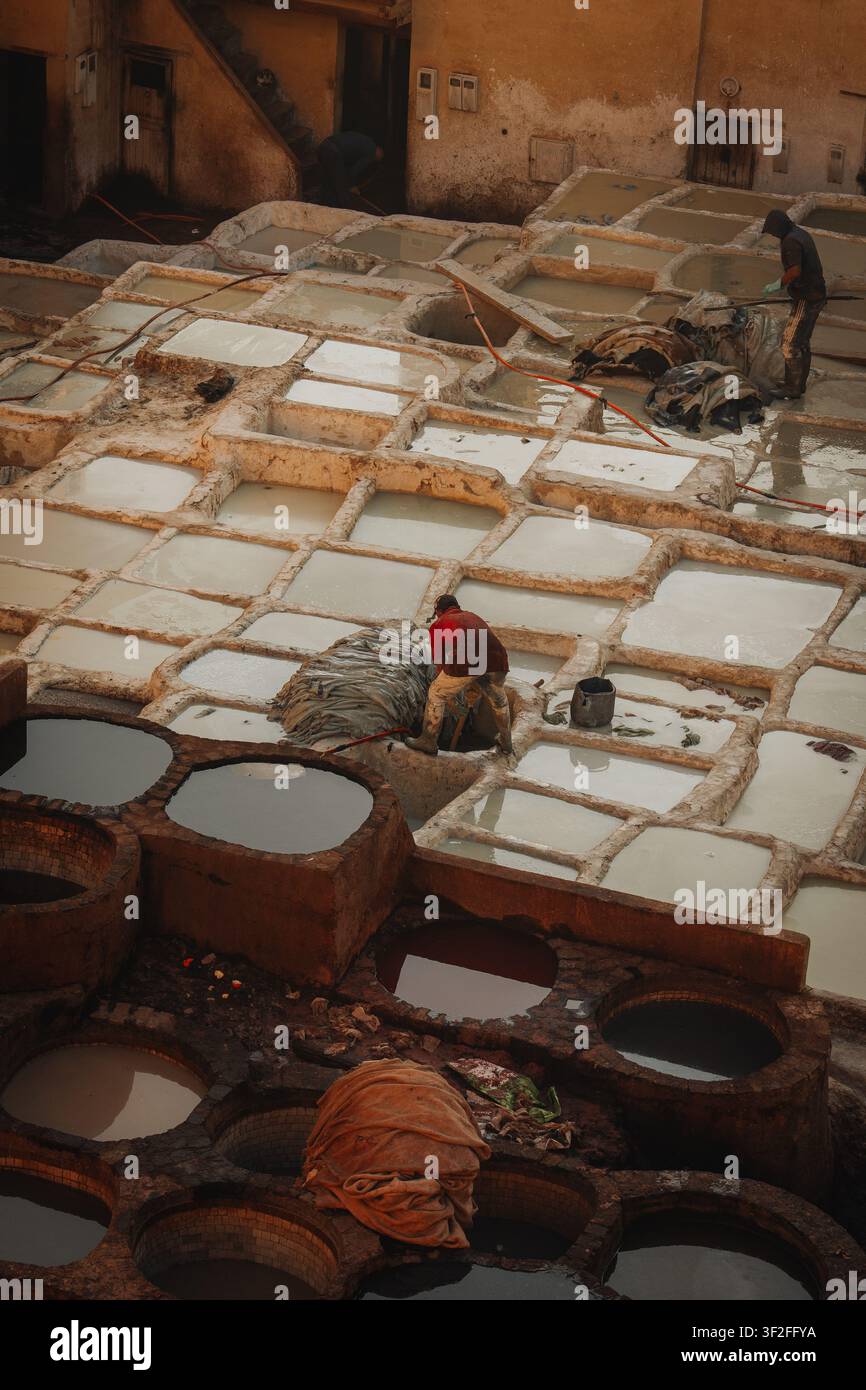 Fes, Fez-Meknes, Marocco - 11 novembre 2025: Vista di operai che lavorano il cuoio nelle vasche di pietra della storica conceria di Chouara. Foto Stock