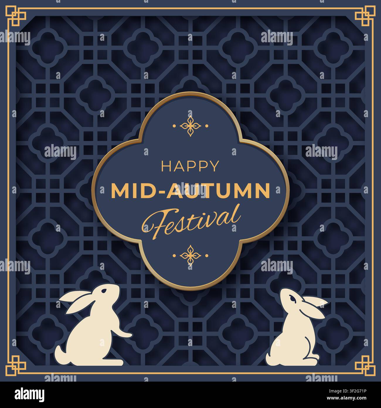 Banner decorativo per il Festival del Medio Autunno con conigli, motivo geometrico e accenti dorati Illustrazione Vettoriale