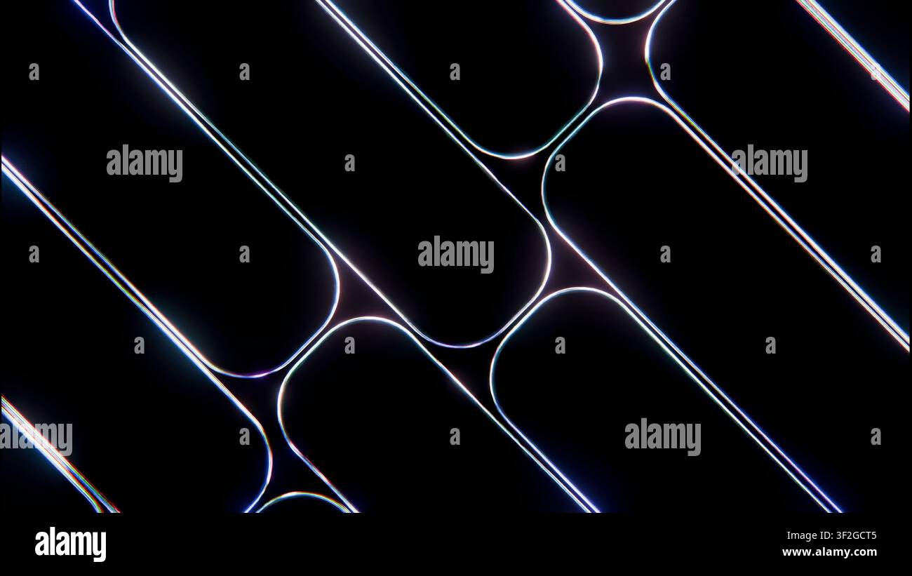 Griglia diagonale luminosa di bande rettangolari arrotondate con intersezioni ad orologio, luce al neon fluente sul bordo e contrasto nero profondo che creano eleganza Foto Stock