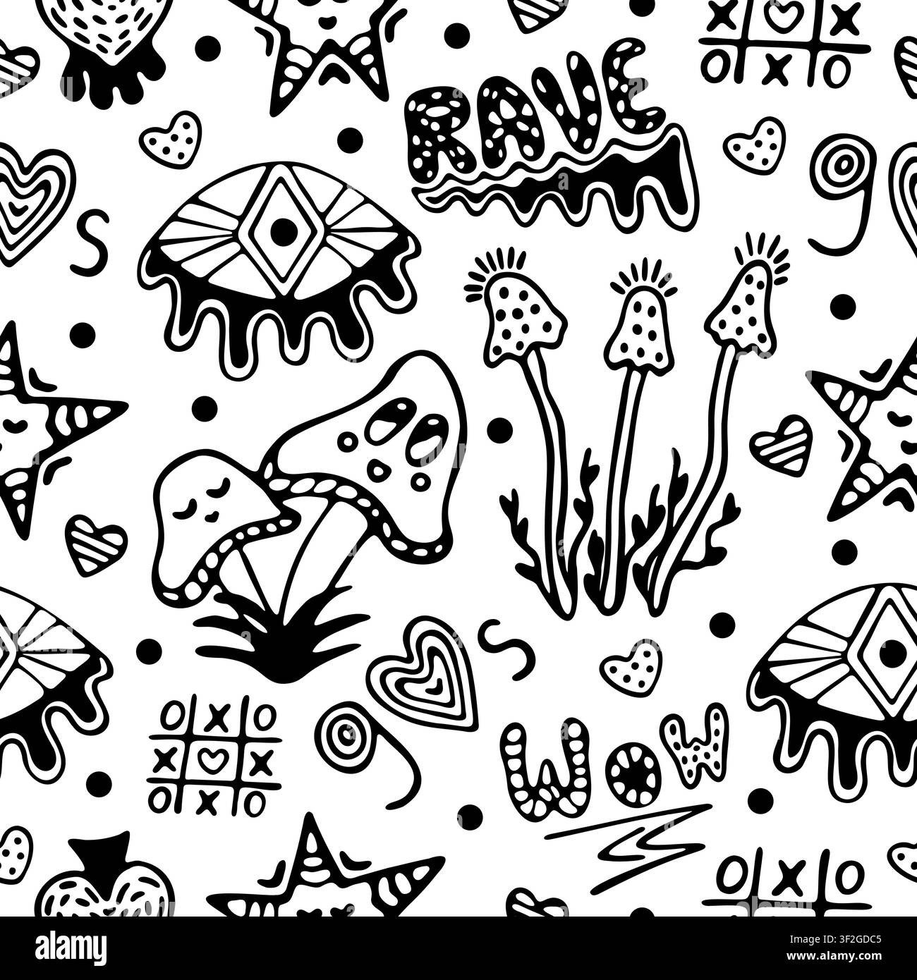 Linea nera psichedelica disegnata a mano motivo senza cuciture. Sfondo infinito in contorno monocromo. Funghi, occhi, personaggi fantasiosi e forme astratte. Illustrazione Vettoriale