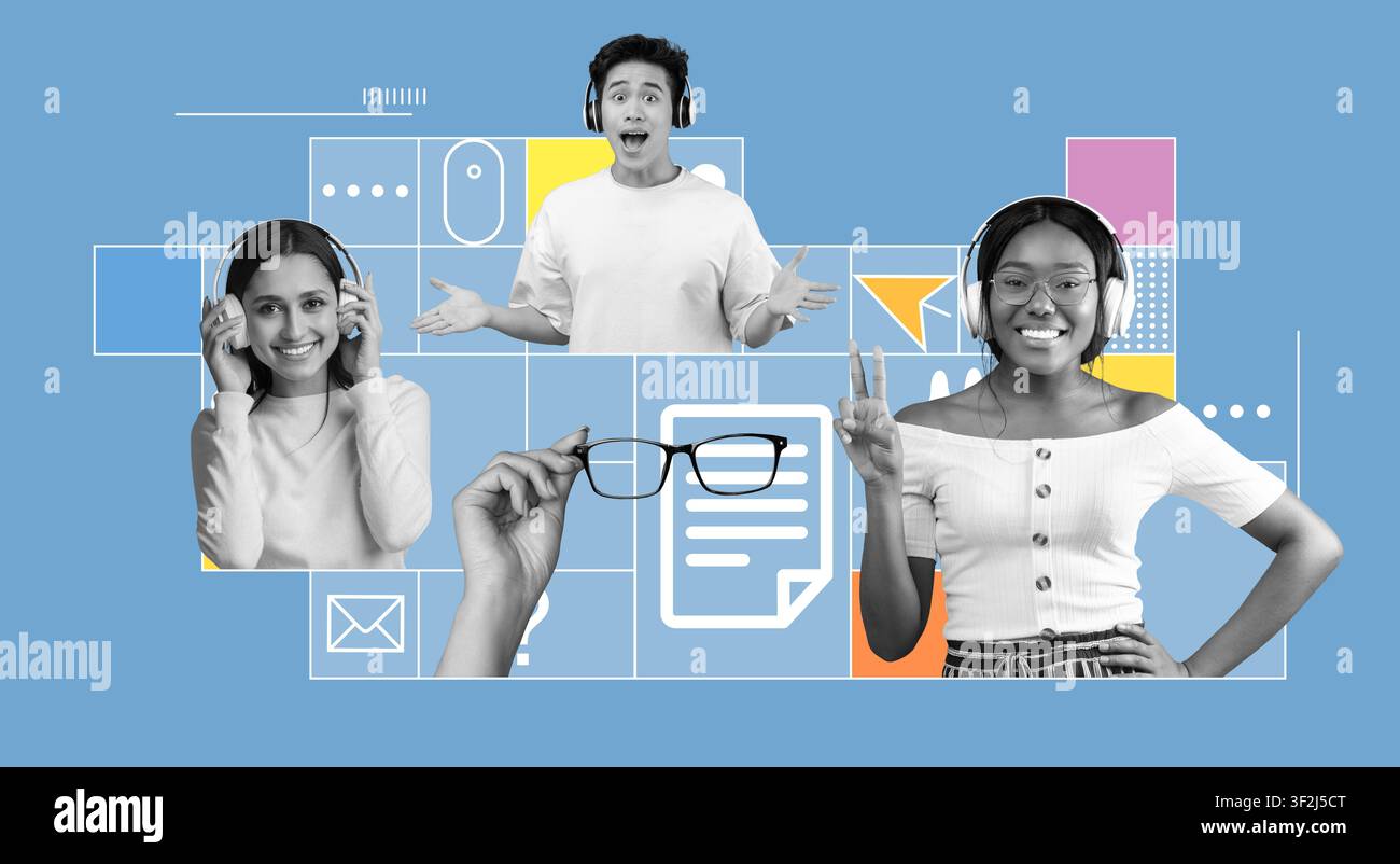 Giovani agenti di call center diversificati, donne e uomini, che lavorano, sorridenti, ambiente d'ufficio, concetto di servizio clienti Foto Stock