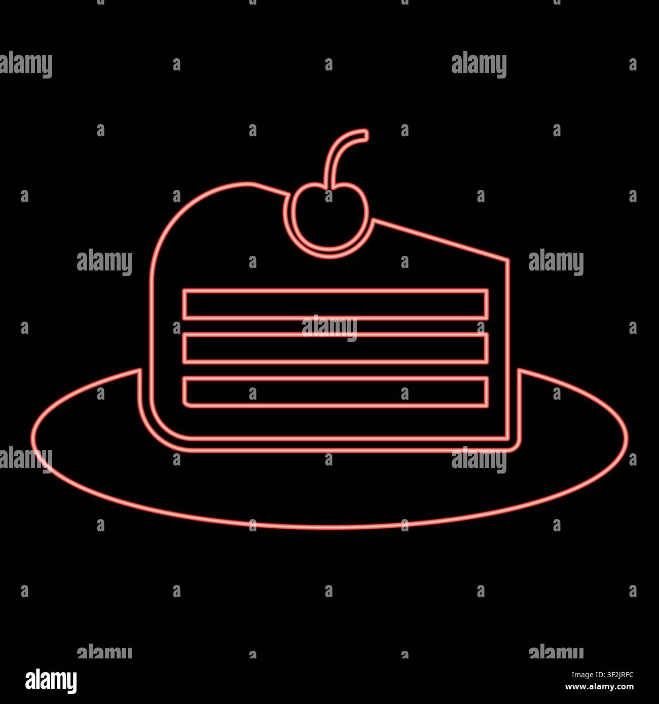 Fetta di torta neon con colore rosso ciliegia, immagine illustrativa vettoriale stile piatto, luce Illustrazione Vettoriale