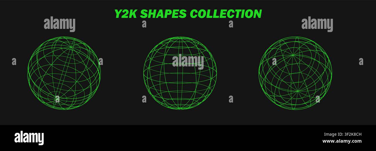 Wireframe astratti, elementi cyberpunk e griglie verdi prospettiche su sfere. Forme y2k psichedeliche. Elementi vettoriali rave o psichedelici alla moda Illustrazione Vettoriale