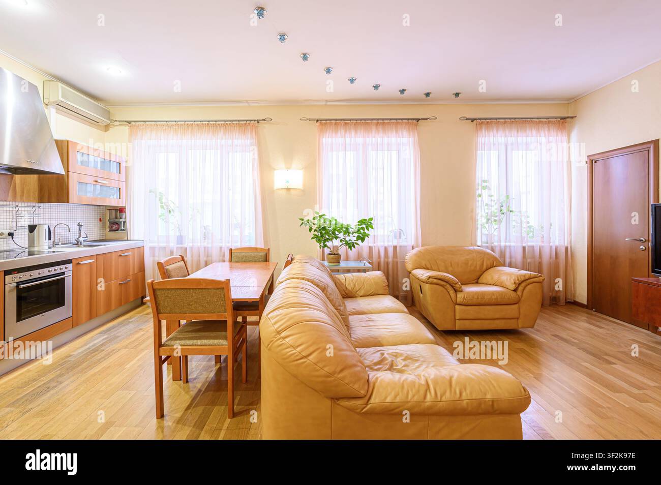 interno accogliente e ben illuminato che mette in mostra un'area combinata soggiorno e cucina con toni caldi del legno, luce soffusa che filtra attraverso le tende trasparenti Foto Stock
