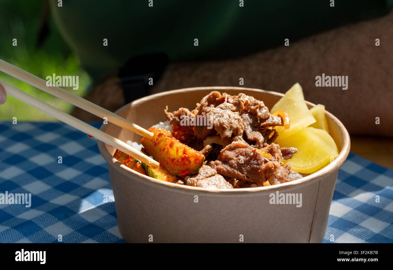 Bulgogi di manzo coreano in ciotola di carta. Riso, carne piccante e cetriolo marinato su uno sfondo a quadri in un caffè di strada in una giornata soleggiata, messa a fuoco selettiva, b Foto Stock