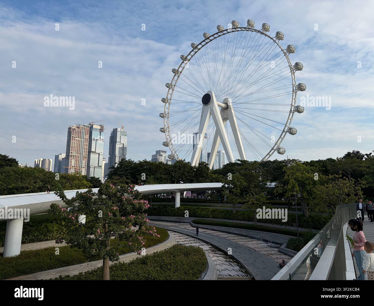 26 ottobre 2025, distretto di Bao'an, Shenzhen, Cina – Grande ruota panoramica che si innalza sopra un parco paesaggistico con grattacieli moderni in costruzione sullo sfondo. - Immagine stock catturata con smartphone