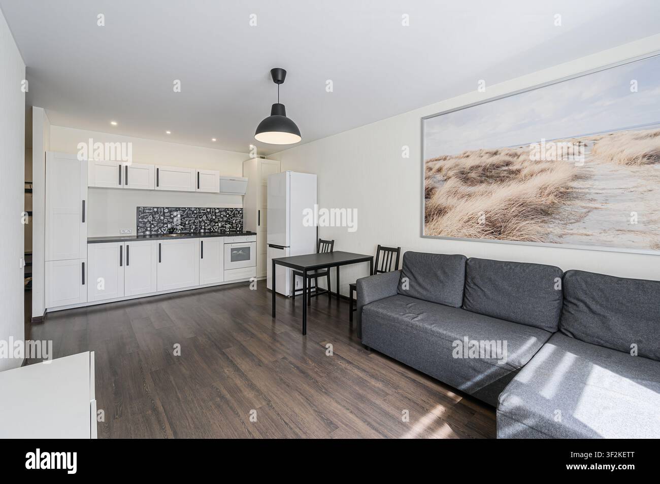 Appartamento moderno con armadi da cucina bianchi, un set da pranzo nero e un divano angolare grigio. Un grande’opera d’arte con una scena sulla spiaggia è appesa sopra il divano Foto Stock
