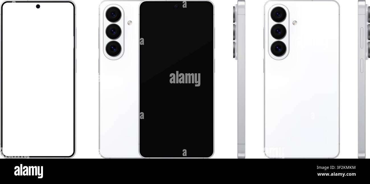 Mockup dettagliato di telefono cellulare bianco con stilo. Vista frontale, posteriore e laterale isolata su sfondo trasparente. PNG vettoriale Illustrazione Vettoriale