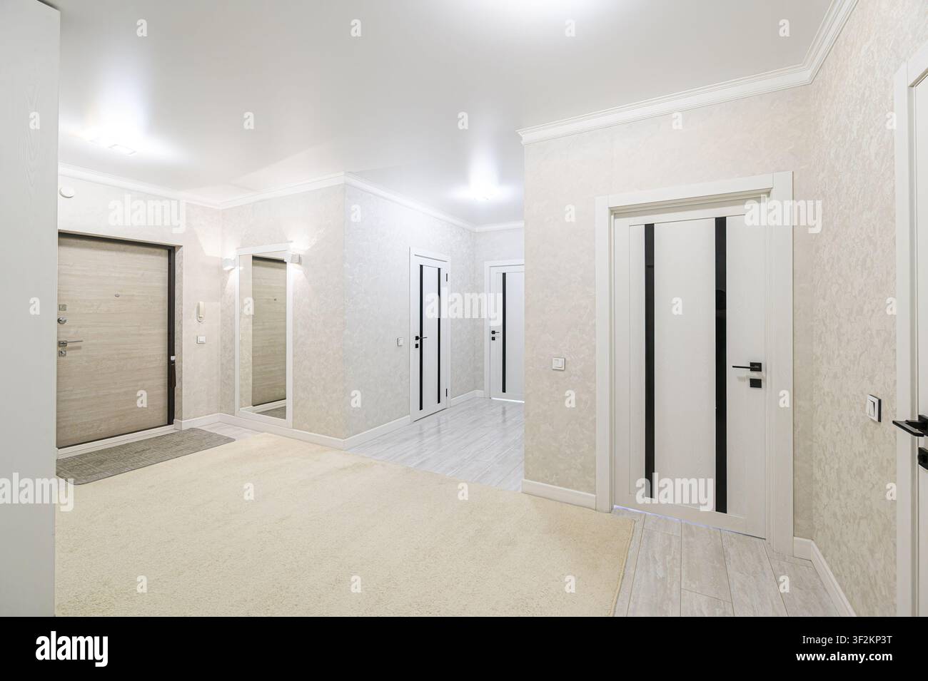 corridoio luminoso con pareti, soffitto e porte bianche, contrastati da maniglie e dettagli neri. Un tappeto e uno specchio aggiungono calore Foto Stock