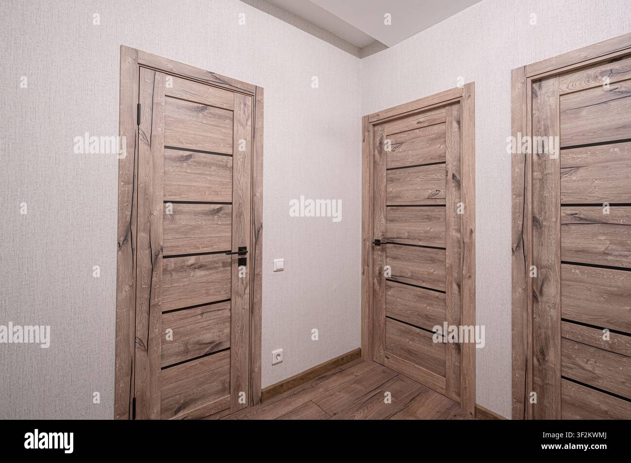 Scatto interno di tre porte di legno con accenti orizzontali neri in un corridoio. Le pareti sono di colore chiaro e il pavimento è in legno Foto Stock