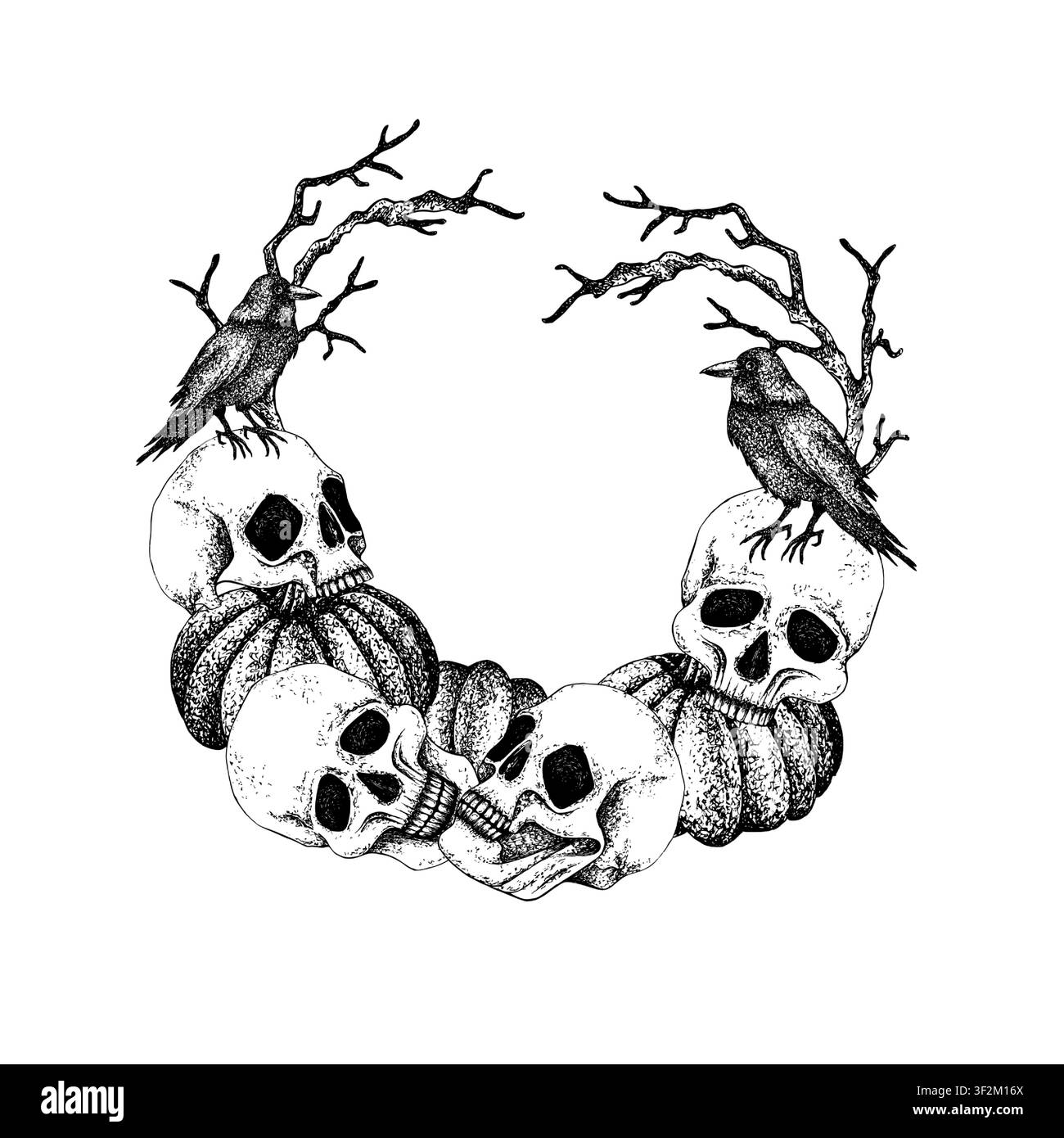 Ghirlanda di rami secchi, teschi umani, zucche di Halloween e corvo nero. Vettore in stile incisione. Cornice gotica dettagliata disegnata a mano, illustrazione isolata Illustrazione Vettoriale