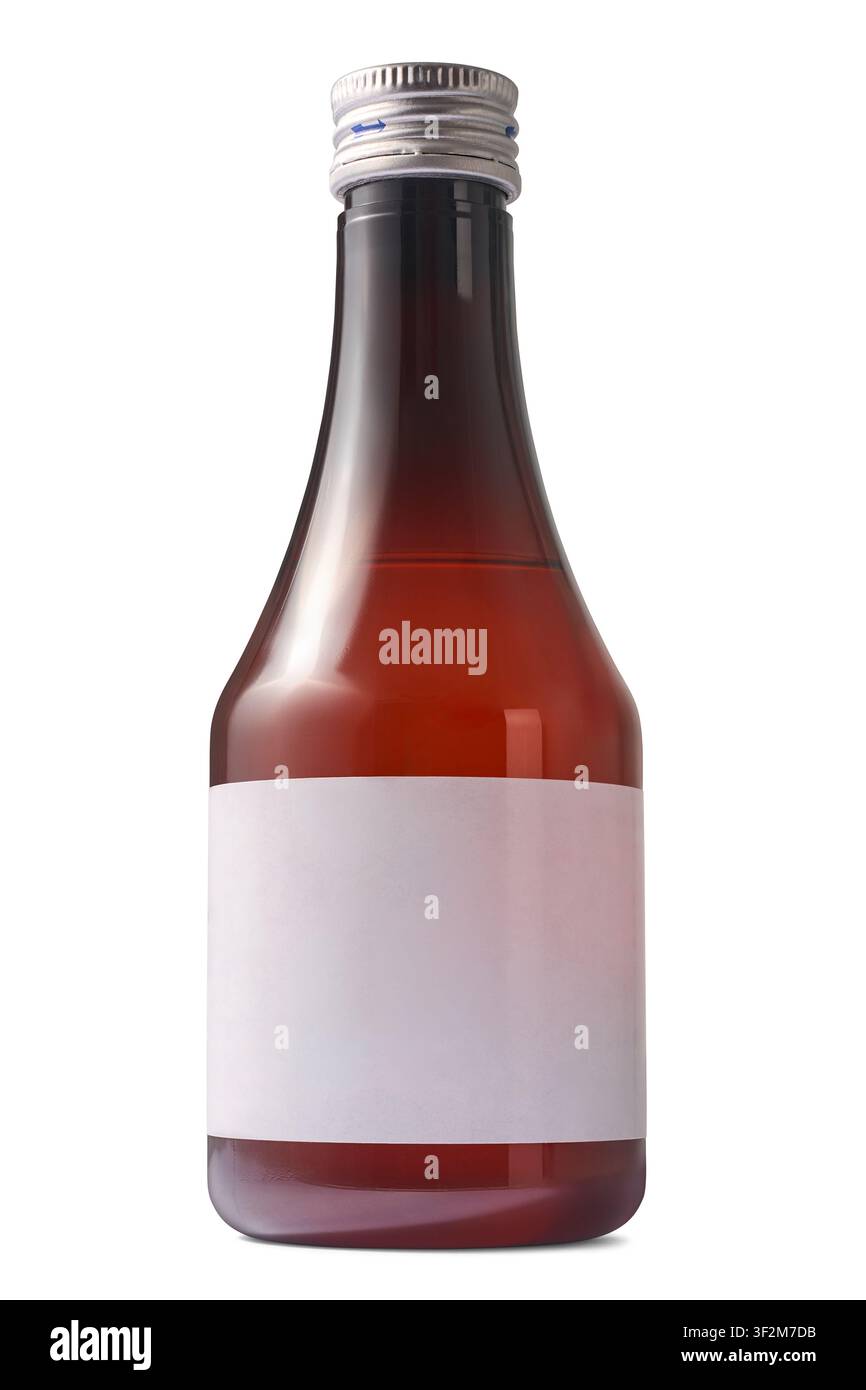 fiala di vetro rosso scuro isolata su sfondo bianco, modello mock-up etichetta bianca vuota e contenitore con tappo metallico argentato, primo piano vista laterale Foto Stock