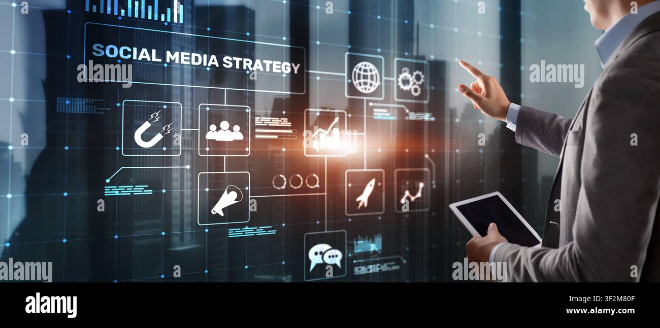 Strategia dei social media per il marketing e la crescita aziendale con interazione degli utenti su piattaforma digitale Foto Stock
