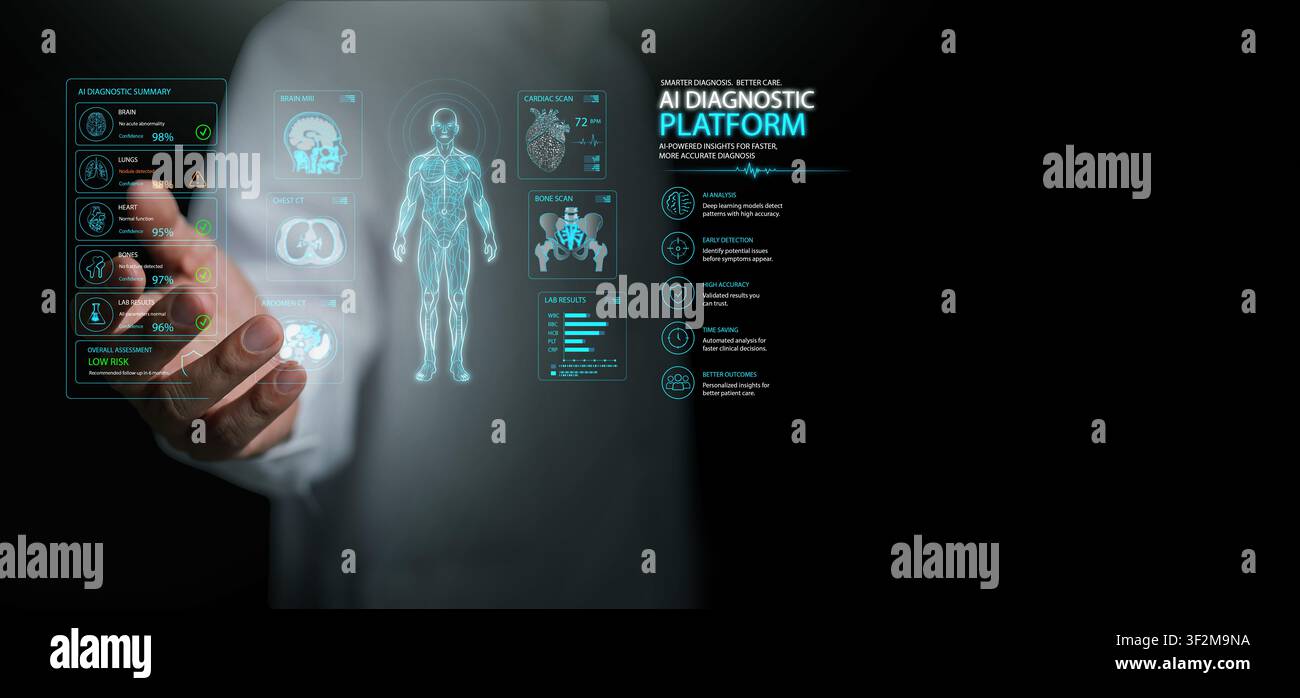 Medico professionista che utilizza una piattaforma diagnostica sanitaria avanzata basata sull'IA con interfaccia del corpo umano per l'analisi dei dati medici con intelligenza artificiale, prec Foto Stock