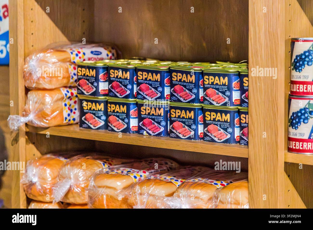 Lattine di carne per colazione Spam, pane preconfezionato e sciroppo di mirtilli su uno scaffale al Museo Canadese dell'Immigrazione al Pier 21 di Halifax, Nuova Scozia, Canada. La mostra espone alimenti come quelli incontrati dagli immigrati nei negozi canadesi nel periodo del dopoguerra. Halifax, Nuova Scozia, Canada Foto Stock
