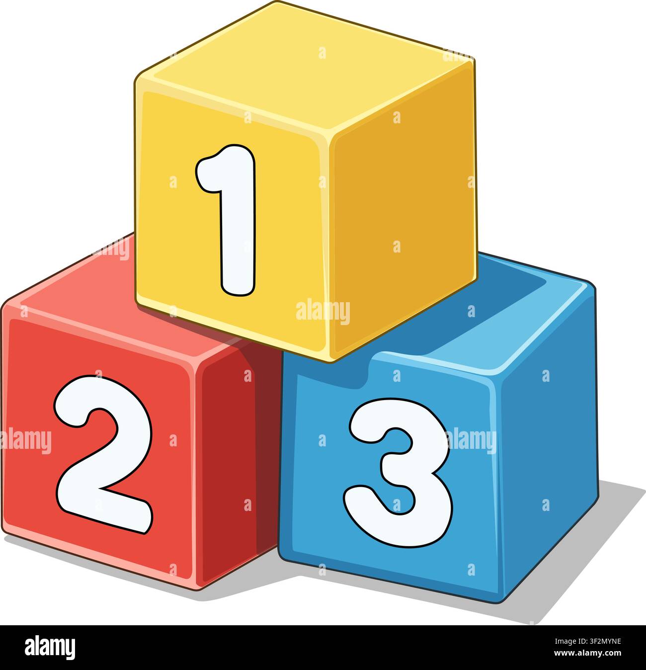 Blocchi di giocattoli colorati con i numeri uno due e tre isolati su sfondo bianco. Illustrazione Vettoriale