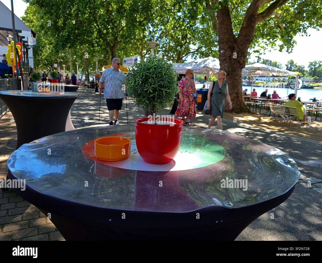 Wiesbaden, Assia, Germania – 12 luglio 2026: I visitatori si rilassano ai tavoli lungo la passeggiata del festival del porto di Schierstein in una giornata estiva soleggiata. Foto Stock