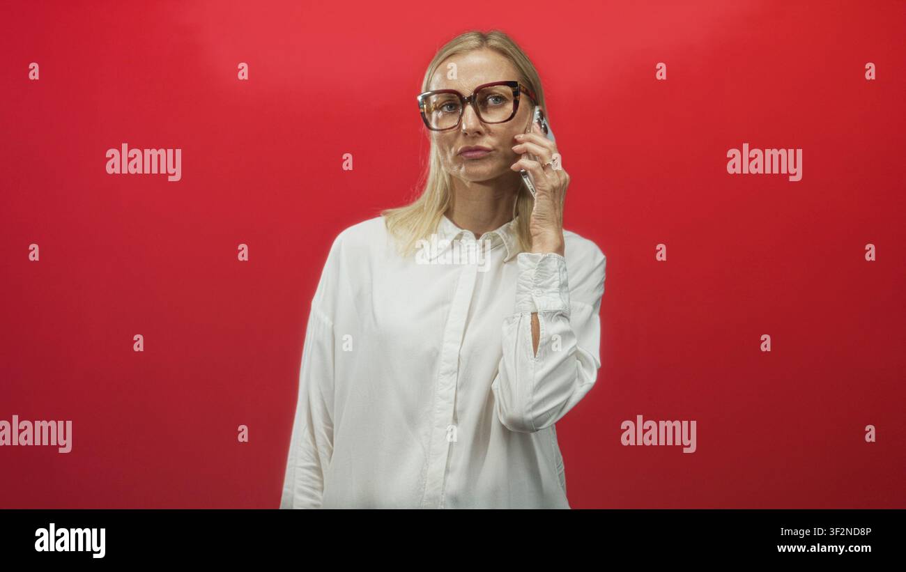 Donna che tiene uno smartphone all'orecchio con una mano sulla guancia, indossa occhiali oversize e una camicia bianca contro un muro rosso dello studio; pensierosa. Foto Stock