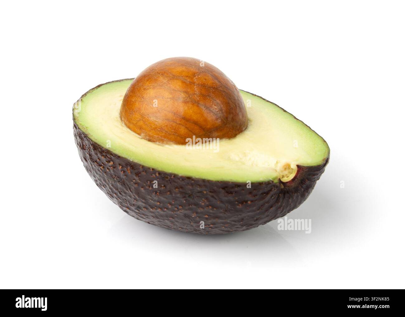 Mezza avocado Hass isolata, set completo Sharwil, avocado marroni tagliati, pera alligatore fresca, ingrediente per guacamole, frutto di avocado Persea americana su bianco Foto Stock