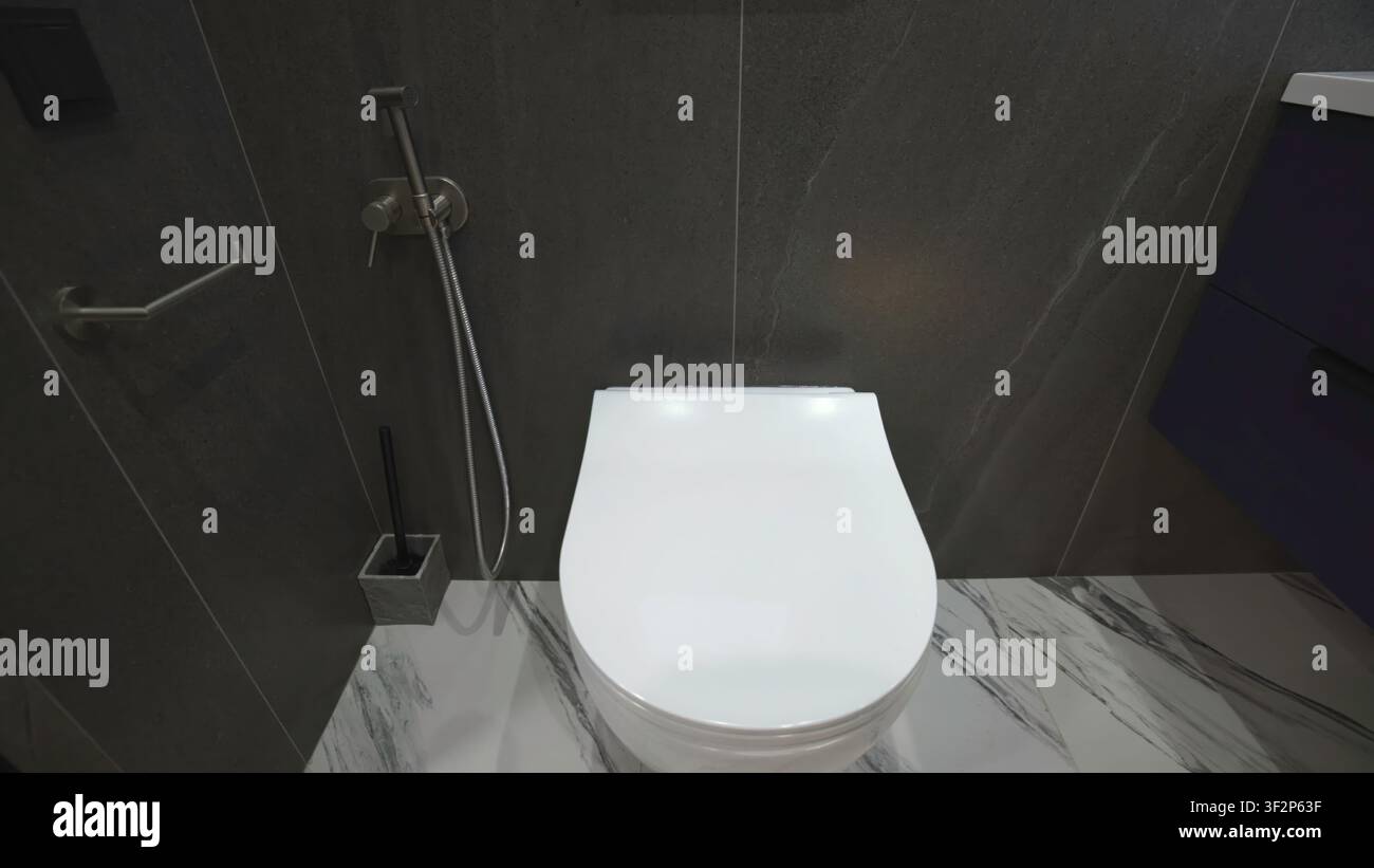 Essenziali per il bagno contemporaneo. Design lussuoso del bagno che enfatizza la pulizia e l'estetica moderna. Media Foto Stock