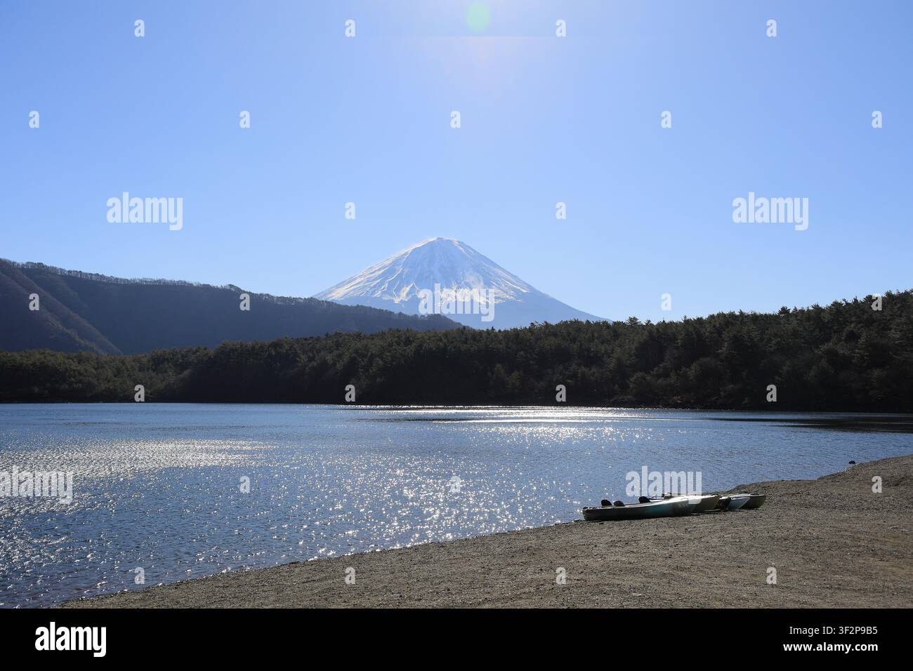 Mt. Fuji e canoa, vista dal lago occidentale, Yamanashi, Giappone (inverno) Foto Stock