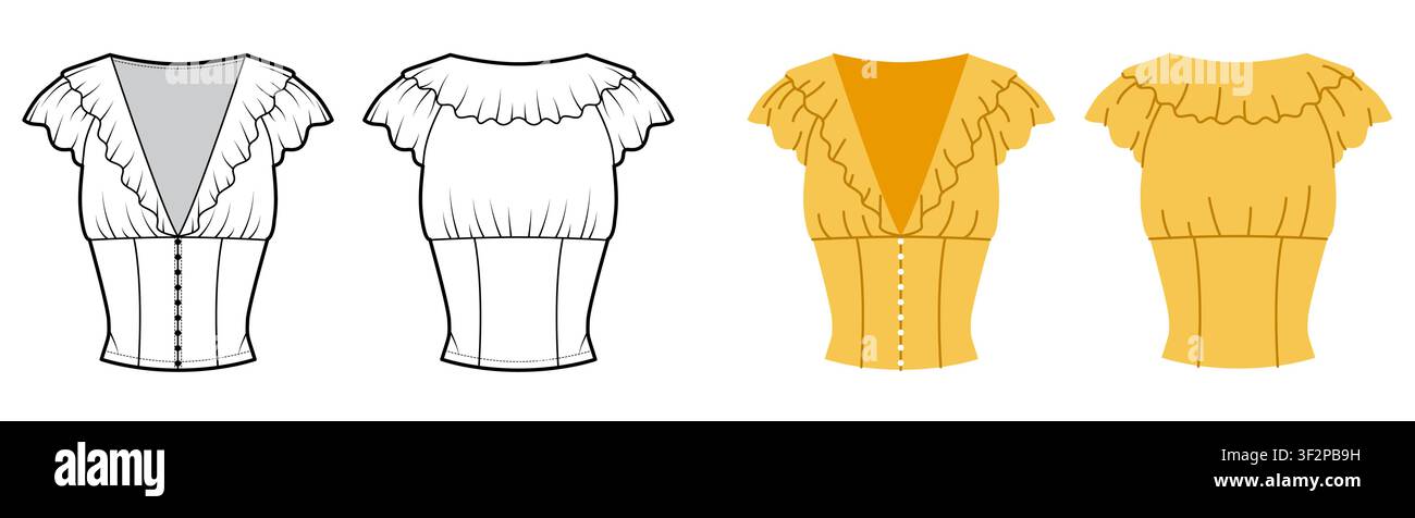 Illustrazione tecnica di moda di una camicetta corsetto con volant con scollo a V svasato, maniche corte e vita strutturata. Disegno a linee pulite che mostra uno scollo a volant sovrapposti e una costruzione a pannelli aderenti sul retro Illustrazione Vettoriale