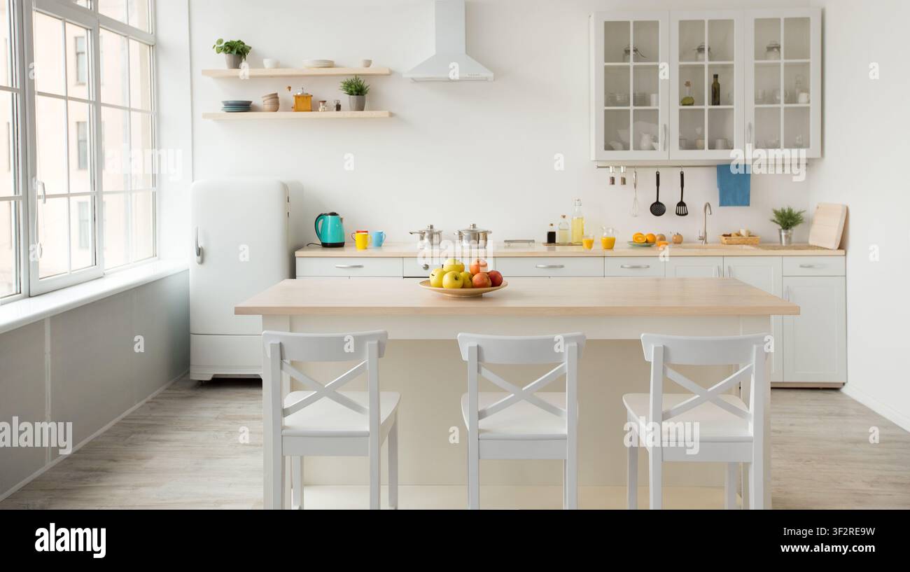 Sala da pranzo, cucina, cibo sano e design elegante Foto Stock