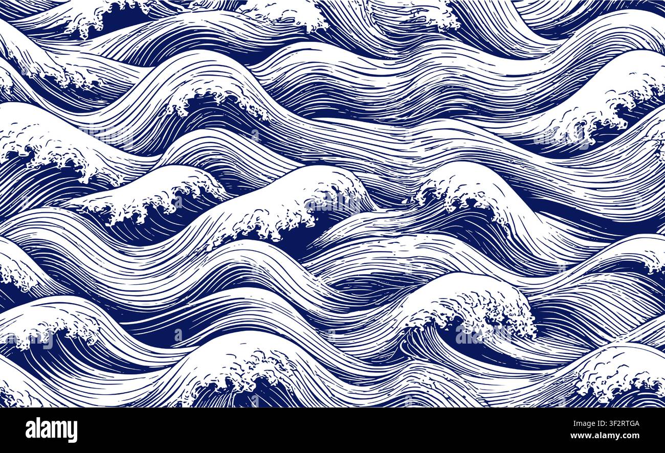 onde di blu scuro con schiuma bianca, schizzo. Illustrazione vettoriale. Motivo senza cuciture del mare o dell'oceano, isolato su sfondo bianco. Per stampe su T Illustrazione Vettoriale