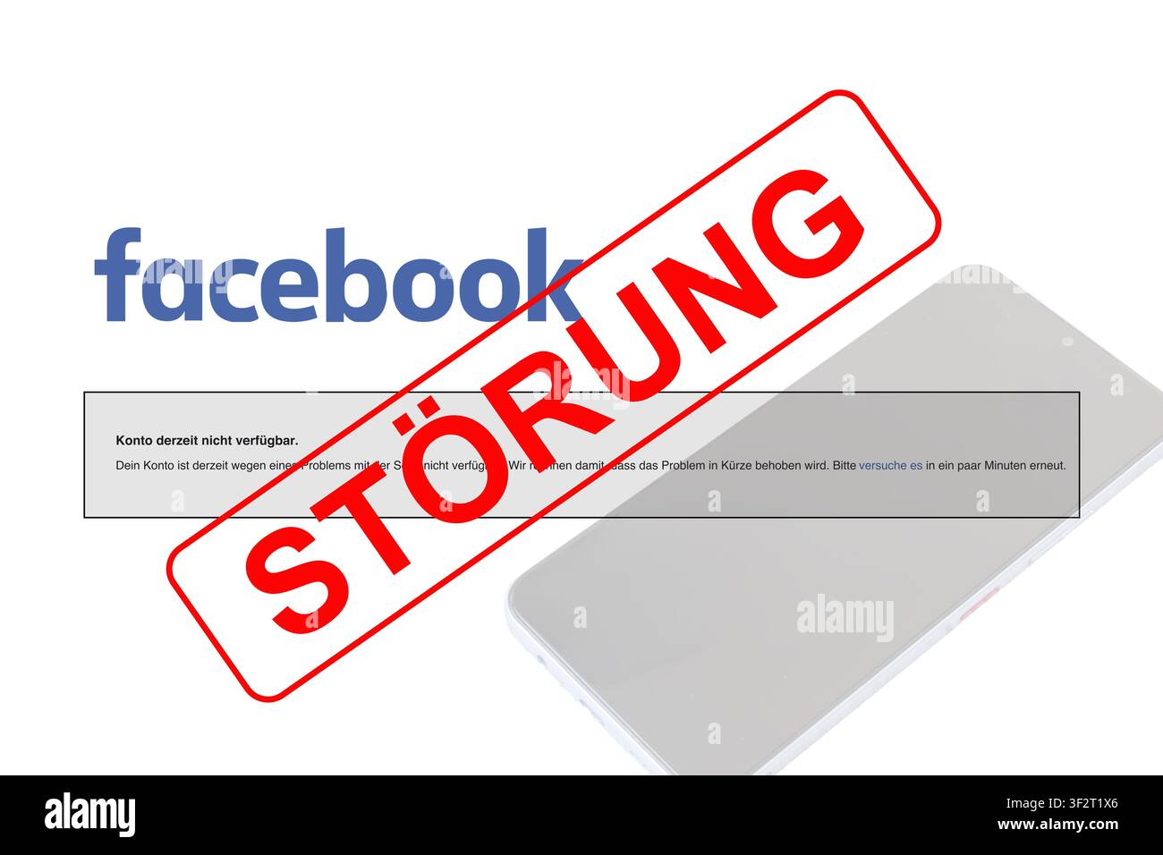 Immagine illustrativa di un'interruzione di Facebook: una barra rossa con il testo STÖRUNG (interruzione), il logo Facebook e il messaggio che afferma che l'account è attualmente Foto Stock