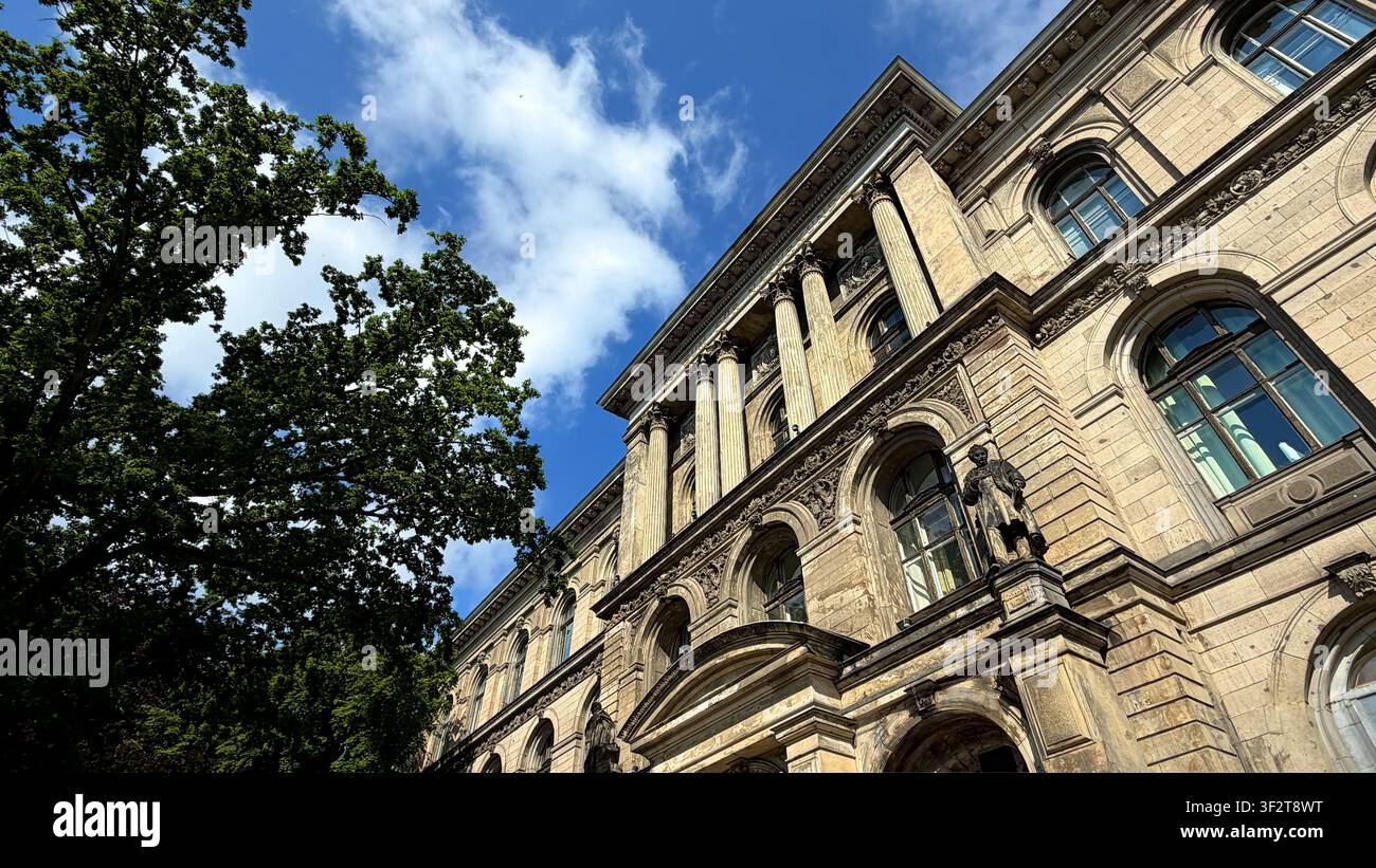 Museo di storia naturale a Berlino, circondato da alberi verdi sotto un cielo blu con nuvole sparse Foto Stock