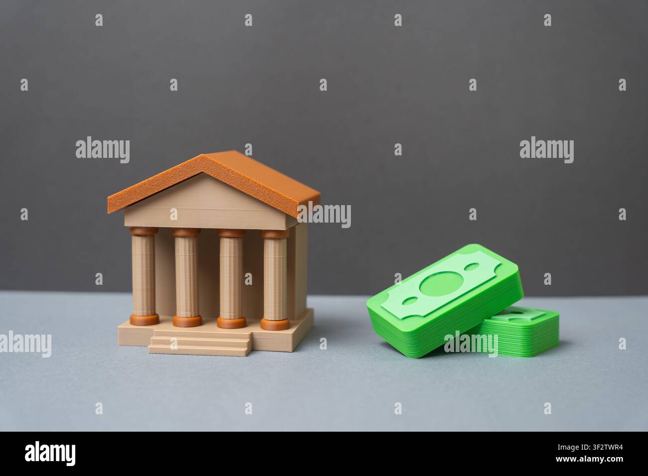 Edificio bancario e denaro. Stato e bilancio. Finanze pubbliche, riserve governative, finanziamento del bilancio e politica fiscale. Foto Stock