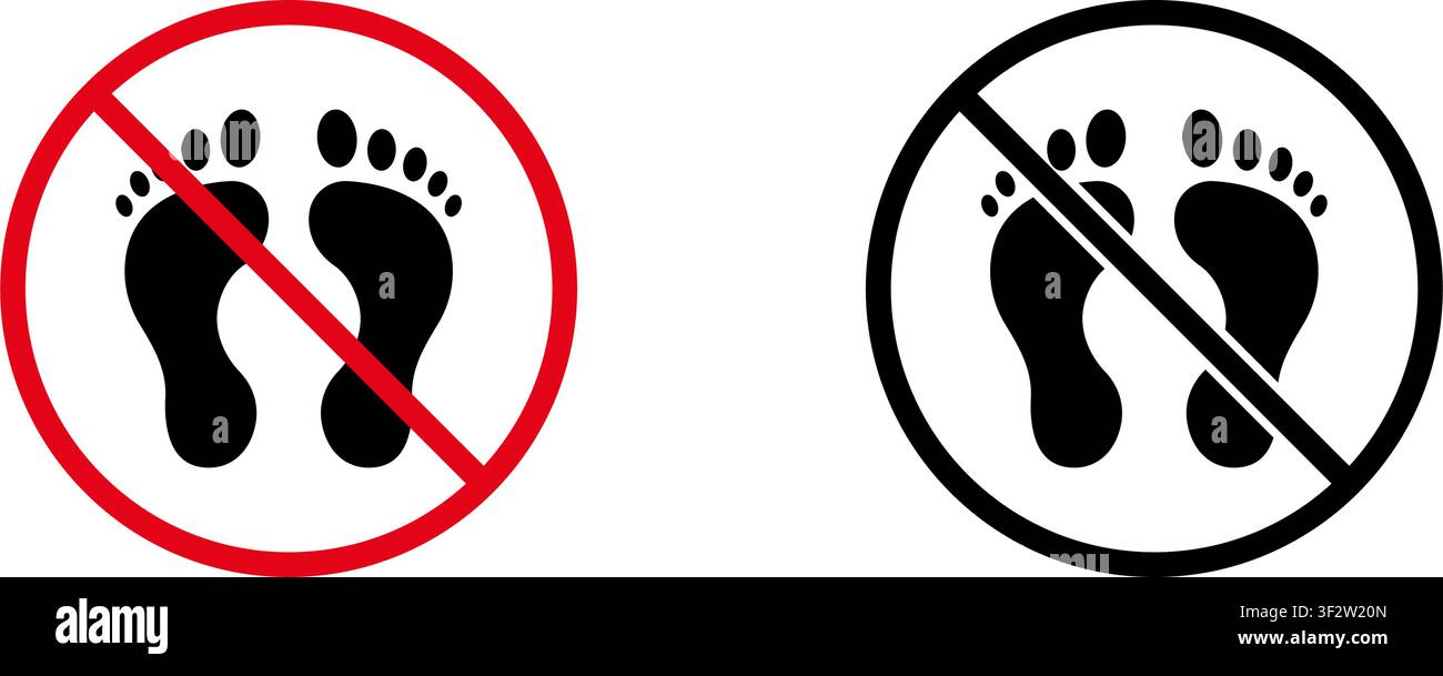 Set di icone di segnale di divieto di camminare a piedi nudi. Collezione di simboli di avvertimento e restrizione che vietano i piedi nudi. Avviso di stop e divieto. Illustrazione vettoriale isolata Illustrazione Vettoriale